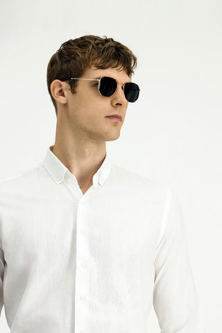  Beyaz Uzun Kol Slim Fit Dar Kesim Pamuklu Keten Düğmeli Yaka Gömlek