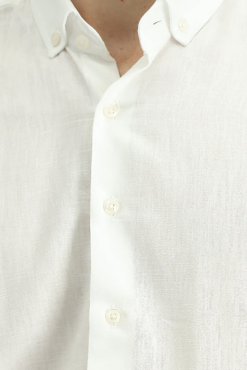 Beyaz Uzun Kol Slim Fit Dar Kesim Pamuklu Keten Düğmeli Yaka Gömlek