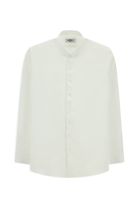 Beyaz Uzun Kol Slim Fit Dar Kesim Pamuklu Keten Düğmeli Yaka Gömlek