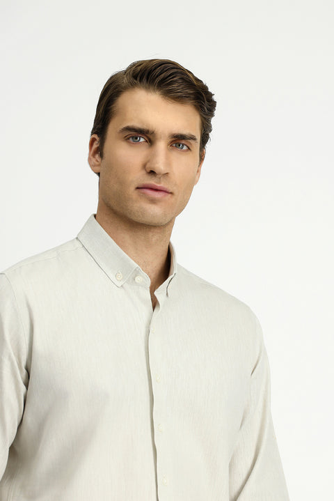 Taş Uzun Kol Slim Fit Dar Kesim Pamuklu Keten Düğmeli Yaka Gömlek