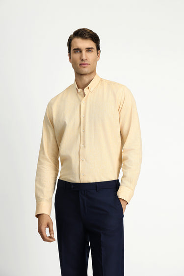 Hardal Uzun Kol Slim Fit Dar Kesim Pamuklu Keten Düğmeli Yaka Gömlek
