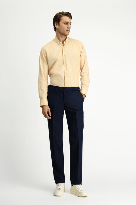 Hardal Uzun Kol Slim Fit Dar Kesim Pamuklu Keten Düğmeli Yaka Gömlek