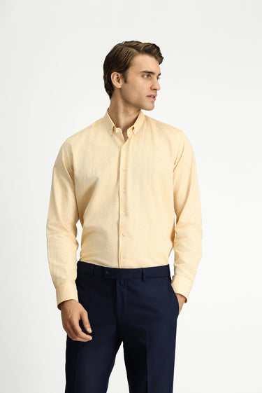 Hardal Uzun Kol Slim Fit Dar Kesim Pamuklu Keten Düğmeli Yaka Gömlek