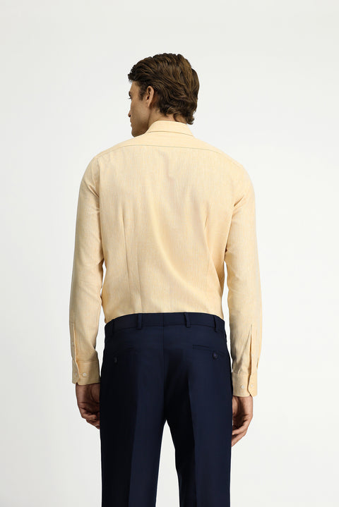 Hardal Uzun Kol Slim Fit Dar Kesim Pamuklu Keten Düğmeli Yaka Gömlek