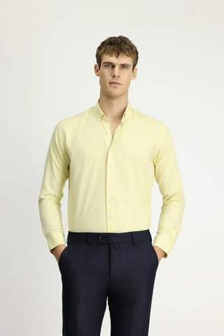  Sarı Uzun Kol Slim Fit Dar Kesim Pamuklu Keten Düğmeli Yaka Gömlek