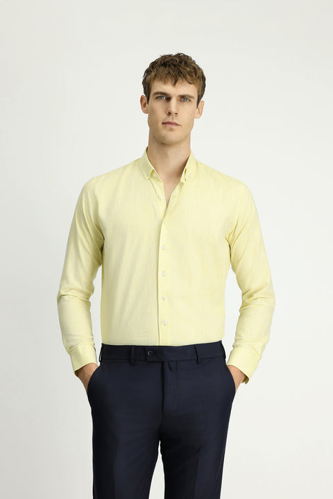 Sarı Uzun Kol Slim Fit Dar Kesim Pamuklu Keten Düğmeli Yaka Gömlek