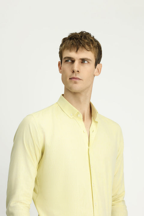 Sarı Uzun Kol Slim Fit Dar Kesim Pamuklu Keten Düğmeli Yaka Gömlek