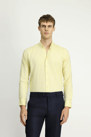  Sarı Uzun Kol Slim Fit Dar Kesim Pamuklu Keten Düğmeli Yaka Gömlek