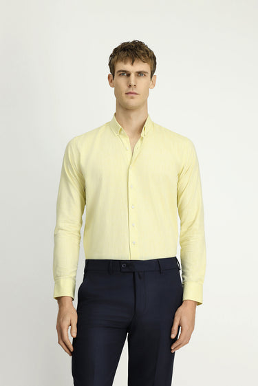 Sarı Uzun Kol Slim Fit Dar Kesim Pamuklu Keten Düğmeli Yaka Gömlek
