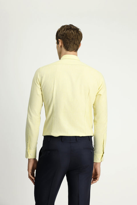 Sarı Uzun Kol Slim Fit Dar Kesim Pamuklu Keten Düğmeli Yaka Gömlek