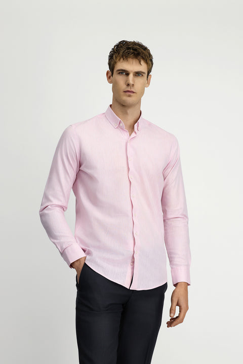 Pembe Uzun Kol Slim Fit Dar Kesim Pamuklu Keten Düğmeli Yaka Gömlek