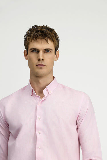 Pembe Uzun Kol Slim Fit Dar Kesim Pamuklu Keten Düğmeli Yaka Gömlek