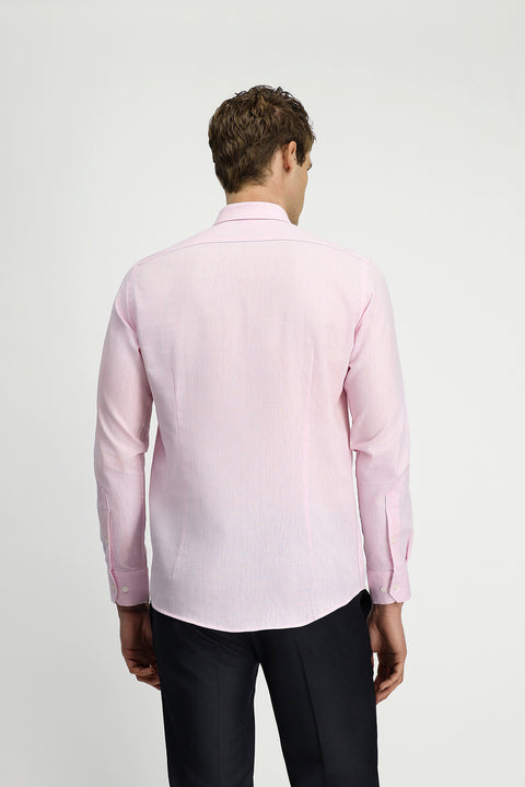 Pembe Uzun Kol Slim Fit Dar Kesim Pamuklu Keten Düğmeli Yaka Gömlek