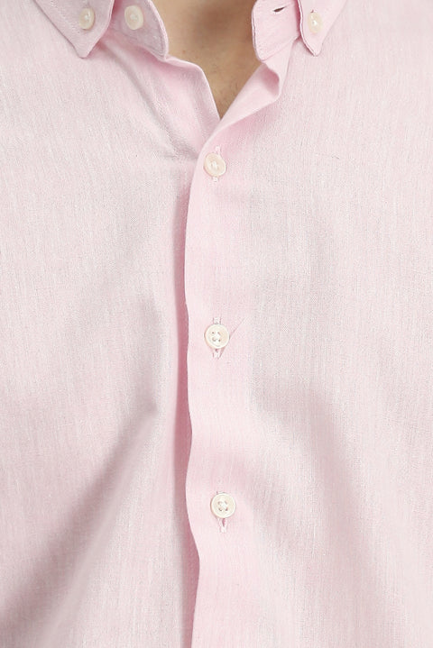 Pembe Uzun Kol Slim Fit Dar Kesim Pamuklu Keten Düğmeli Yaka Gömlek