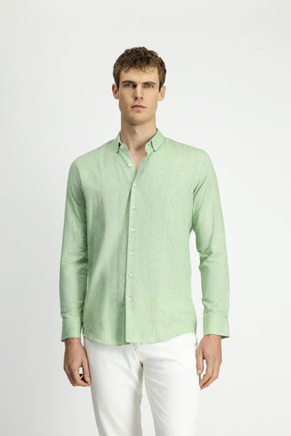  Çimen Yeşili Uzun Kol Slim Fit Dar Kesim Pamuklu Keten Düğmeli Yaka Gömlek