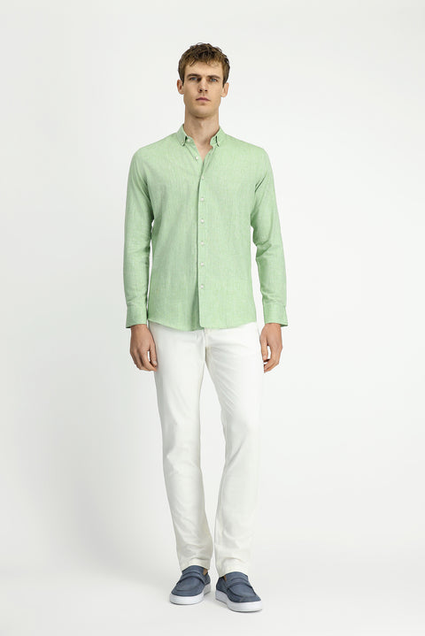 Çimen Yeşili Uzun Kol Slim Fit Dar Kesim Pamuklu Keten Düğmeli Yaka Gömlek