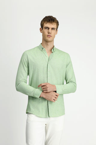  Çimen Yeşili Uzun Kol Slim Fit Dar Kesim Pamuklu Keten Düğmeli Yaka Gömlek