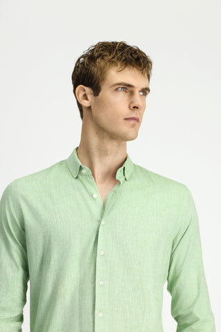  Çimen Yeşili Uzun Kol Slim Fit Dar Kesim Pamuklu Keten Düğmeli Yaka Gömlek