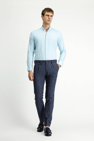  Orta Turkuaz Uzun Kol Slim Fit Dar Kesim Pamuklu Keten Düğmeli Yaka Gömlek