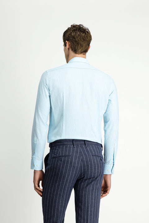 Orta Turkuaz Uzun Kol Slim Fit Dar Kesim Pamuklu Keten Düğmeli Yaka Gömlek