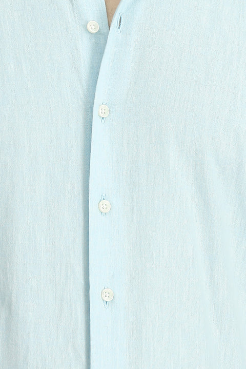 Orta Turkuaz Uzun Kol Slim Fit Dar Kesim Pamuklu Keten Düğmeli Yaka Gömlek