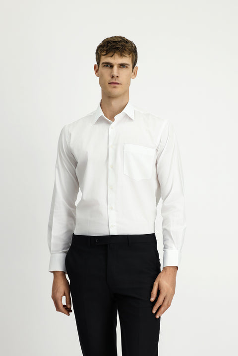 White Long-Sleeve Classic Patterned Cotton Shirt