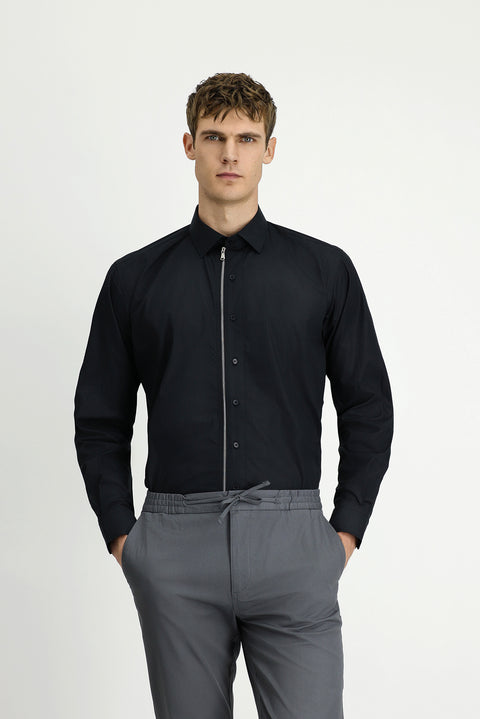 Siyah Uzun Kol Regular Fit Fermuarlı Pamuk Gömlek