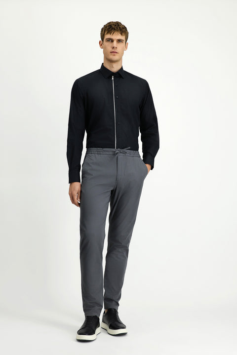 Siyah Uzun Kol Regular Fit Fermuarlı Pamuk Gömlek