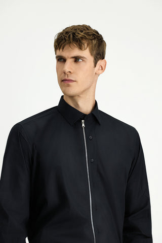  Siyah Uzun Kol Regular Fit Fermuarlı Pamuk Gömlek