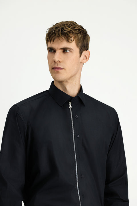 Siyah Uzun Kol Regular Fit Fermuarlı Pamuk Gömlek