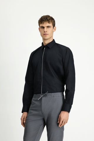  Siyah Uzun Kol Regular Fit Fermuarlı Pamuk Gömlek