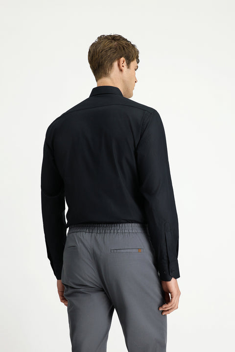 Siyah Uzun Kol Regular Fit Fermuarlı Pamuk Gömlek