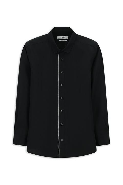 Siyah Uzun Kol Regular Fit Fermuarlı Pamuk Gömlek