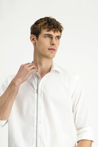  Beyaz Uzun Kol Regular Fit Fermuarlı Pamuk Gömlek