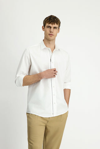  Beyaz Uzun Kol Regular Fit Fermuarlı Pamuk Gömlek