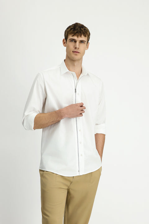 Beyaz Uzun Kol Regular Fit Fermuarlı Pamuk Gömlek