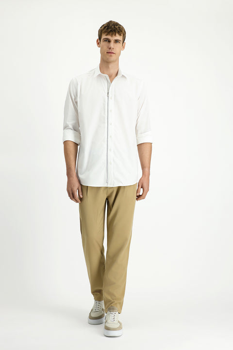 Beyaz Uzun Kol Regular Fit Fermuarlı Pamuk Gömlek