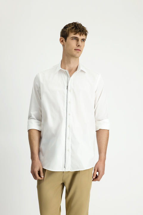Beyaz Uzun Kol Regular Fit Fermuarlı Pamuk Gömlek