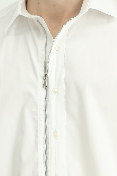 Beyaz Uzun Kol Regular Fit Fermuarlı Pamuk Gömlek