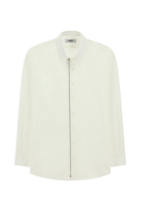 Beyaz Uzun Kol Regular Fit Fermuarlı Pamuk Gömlek