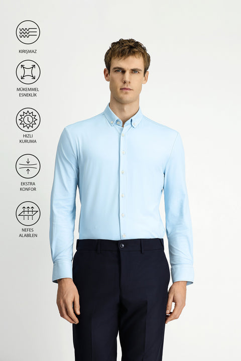 Uçuk Mavi Techno-Line Uzun Kol Regular Fit Likralı Düğmeli Yaka Gömlek