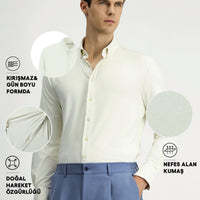 Kırık Beyaz Techno-Line Uzun Kol Regular Fit Likralı Düğmeli Yaka Gömlek