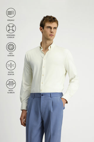  Kırık Beyaz Techno-Line Uzun Kol Regular Fit Likralı Düğmeli Yaka Gömlek
