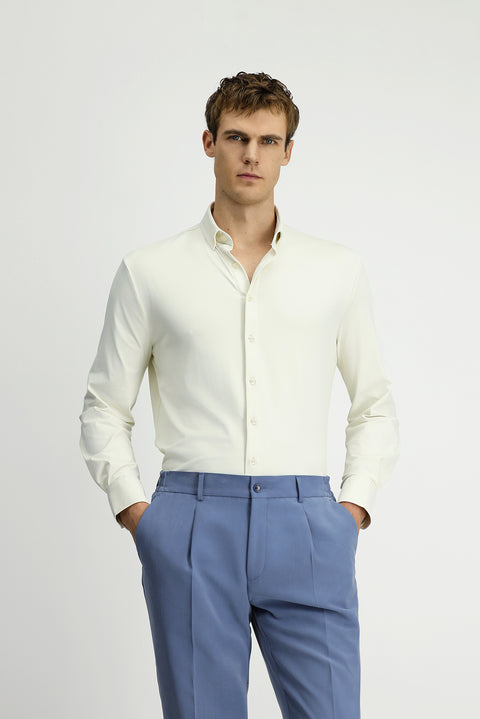 Kırık Beyaz Techno-Line Uzun Kol Regular Fit Likralı Düğmeli Yaka Gömlek