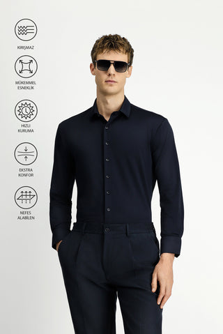  Siyah Techno-Line Uzun Kol Regular Fit Likralı Gömlek