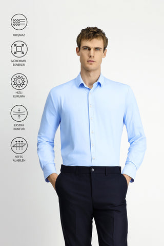  Açık Mavi Techno-Line Uzun Kol Regular Fit Likralı Gömlek