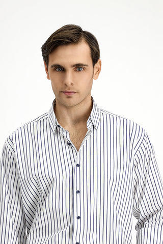  Orta Lacivert Uzun Kol Klasik Çizgili Pamuk Gömlek