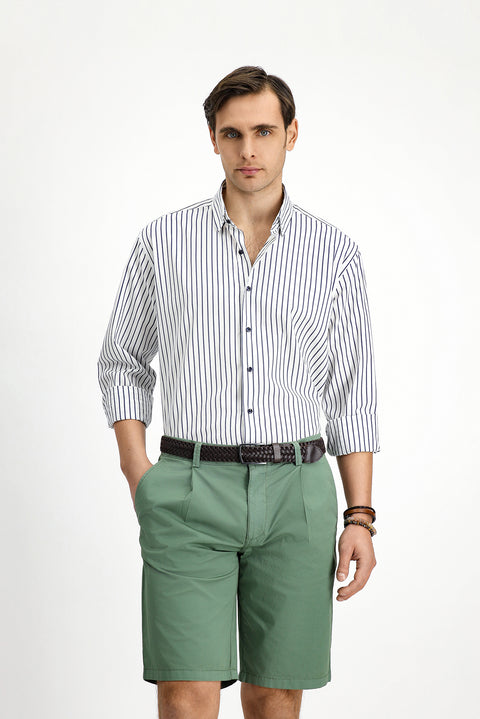 Orta Lacivert Uzun Kol Klasik Çizgili Pamuk Gömlek