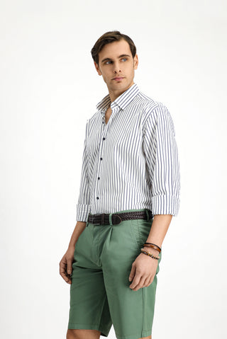  Orta Lacivert Uzun Kol Klasik Çizgili Pamuk Gömlek