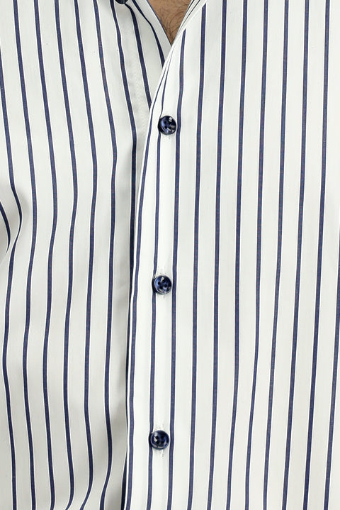 Orta Lacivert Uzun Kol Klasik Çizgili Pamuk Gömlek